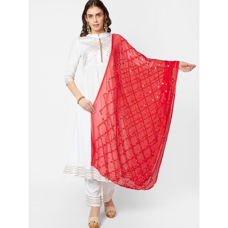 Dupatta Bazaar Red & White Ethnic Motifs Embroidered Dupatta with Mirror Work