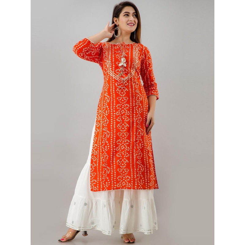 HERE&NOW Orange Tie Up Neck Bandhani Printed Gotta Patti Kurta