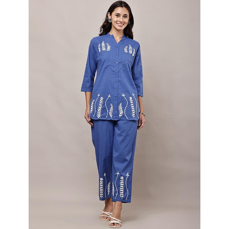 HERE&NOW Women Blue Pure Cotton Embroidered Co-Ords
