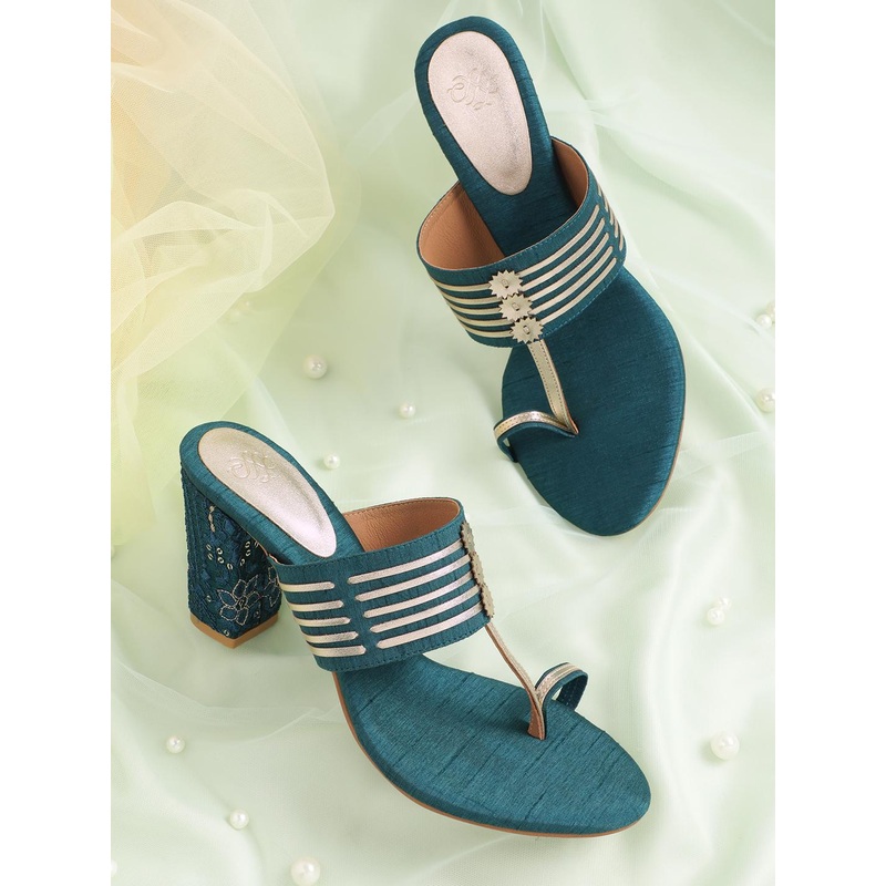 House of Pataudi Ethnic Embellished Open Toe Block Sandals