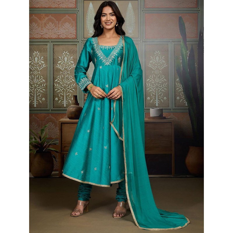 House of Pataudi Floral Embroidered Sequinned Anarkali Kurta With Churidar & Dupatta