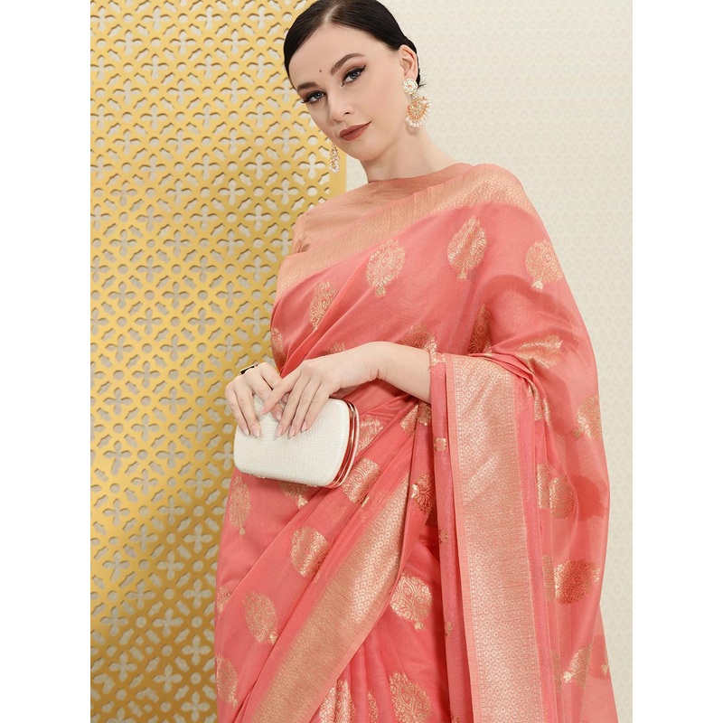 House of Pataudi Pink & Gold-Toned Ethnic Motifs Zari Saree