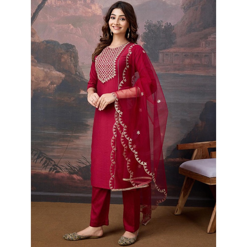 House of Pataudi Women Embroidered Kurta & Trouser With Dupatta