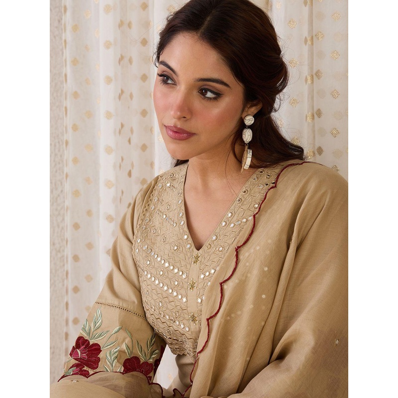 Indo Era Women Yoke Design Embroidered Cotton Kurta with Trousers & Dupatta