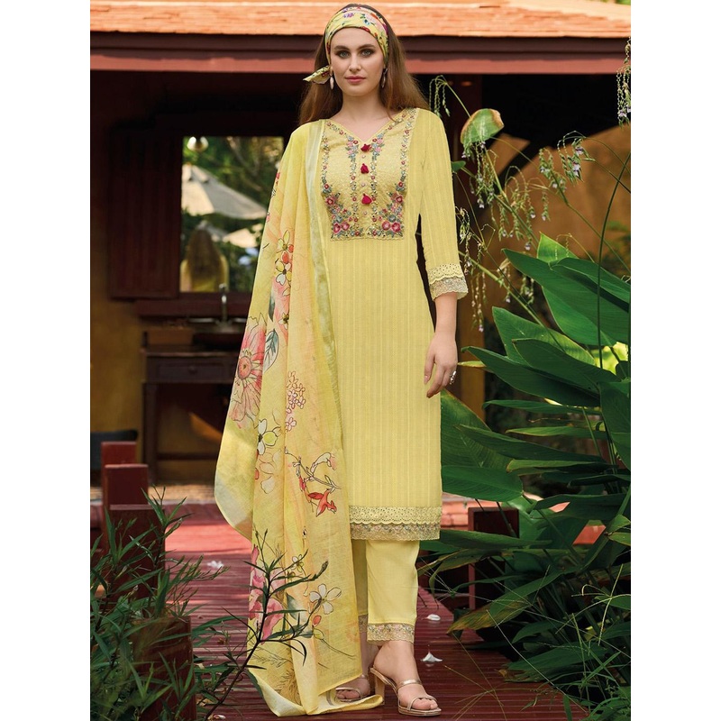 Indo Era Yellow Floral Embroidered Thread Work Pure Cotton Kurta with Trouser &  Dupatta