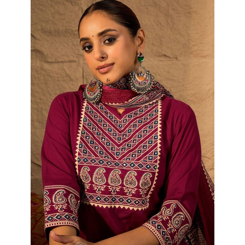 Indo Era Yoke Design Printed Notch-Neck Cotton Straight Kurta With Trousers And Dupatta