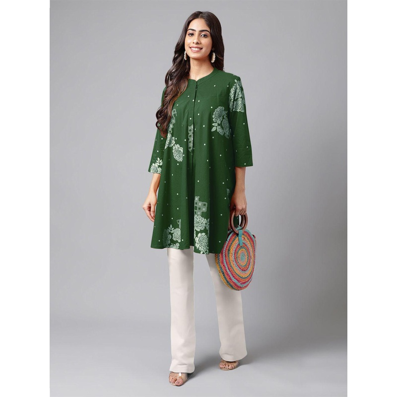 Janasya Women Pure Cotton Floral Printed Flared Tunic