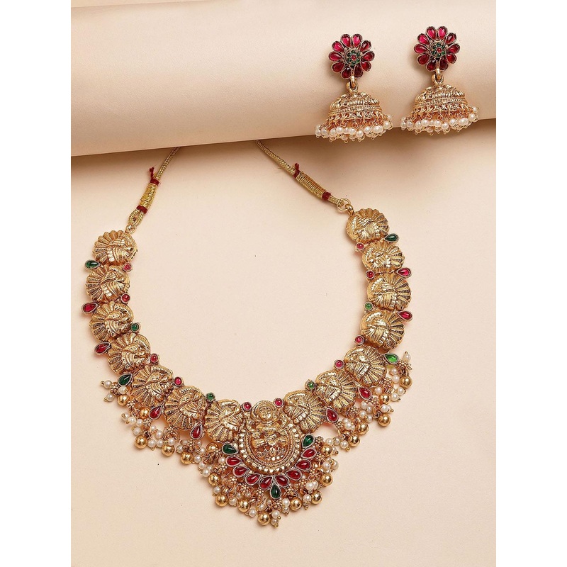KARATCART Gold-Plated Kundan-Studded Laxmi Mata and Peacock Temple Necklace and Earrings