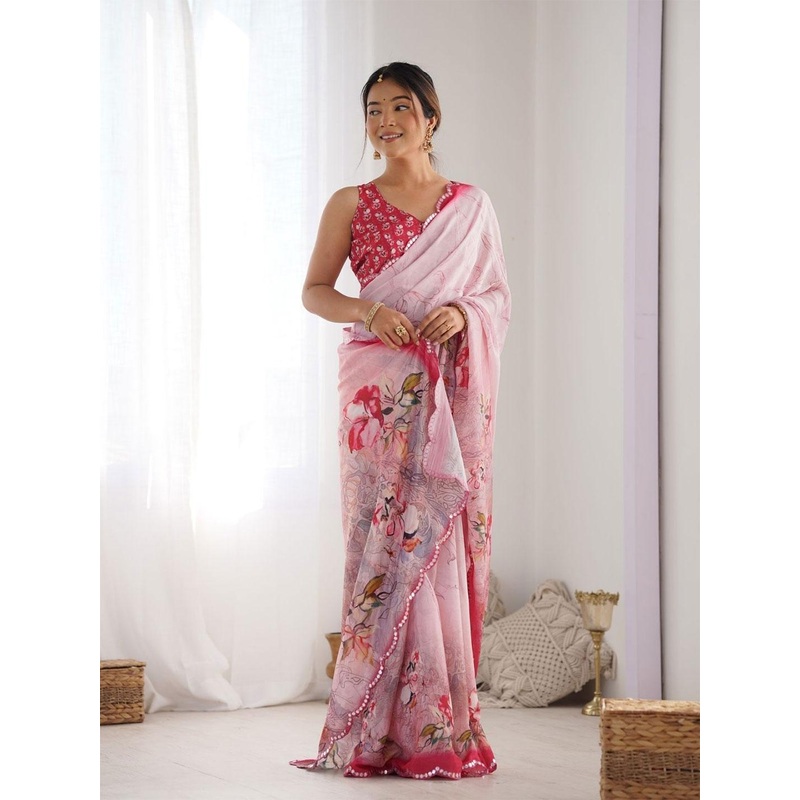 ODETTE Women Chinon Printed Saree With Unstitched Blouse For Women