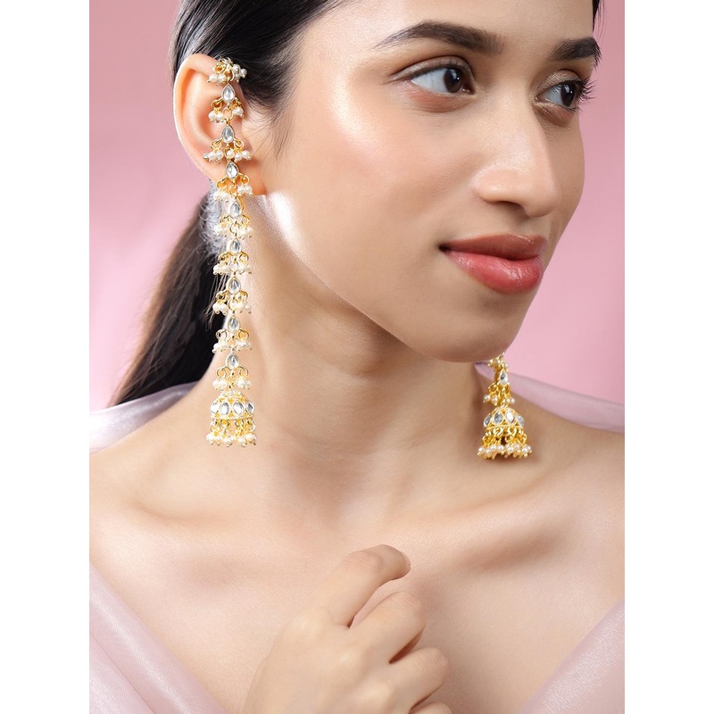 Rubans 18K Gold-Plated White Kundan & Glossy Pearl Beaded Long Jhumka Earring Extension