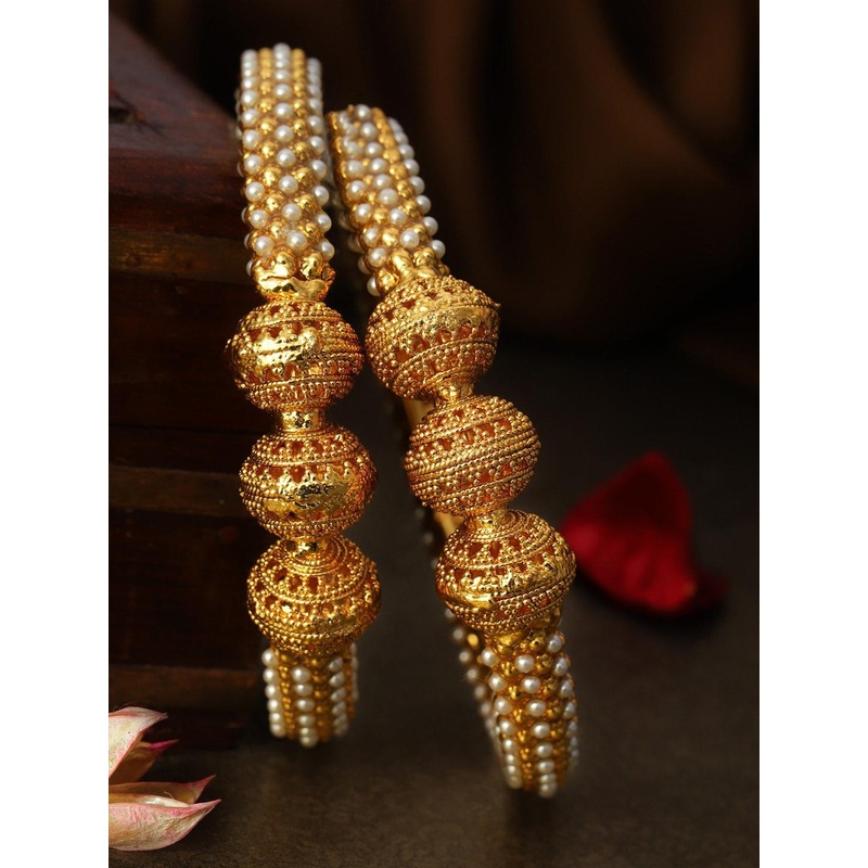 Rubans Set of 2 Gold Plated White Pearl Studded Traditional Handcrafted Bangles