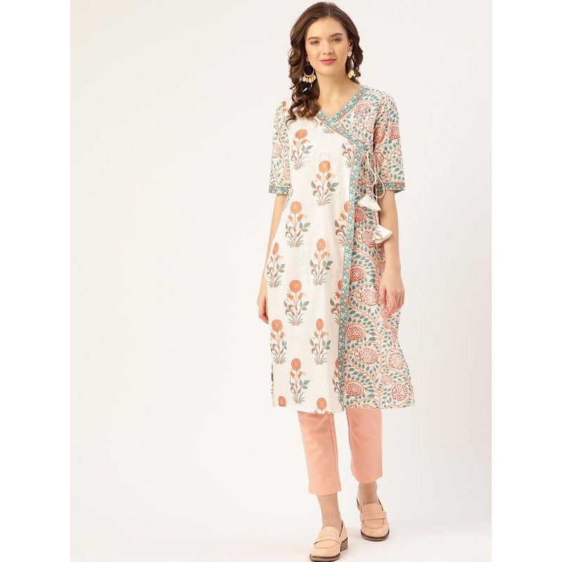 Sangria Women White & Peach-Coloured Ethnic Motifs Printed Pure Cotton Kurta