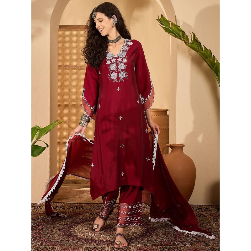 Sangria Women Woven Design Embroidered Kurta with Trousers & Dupatta