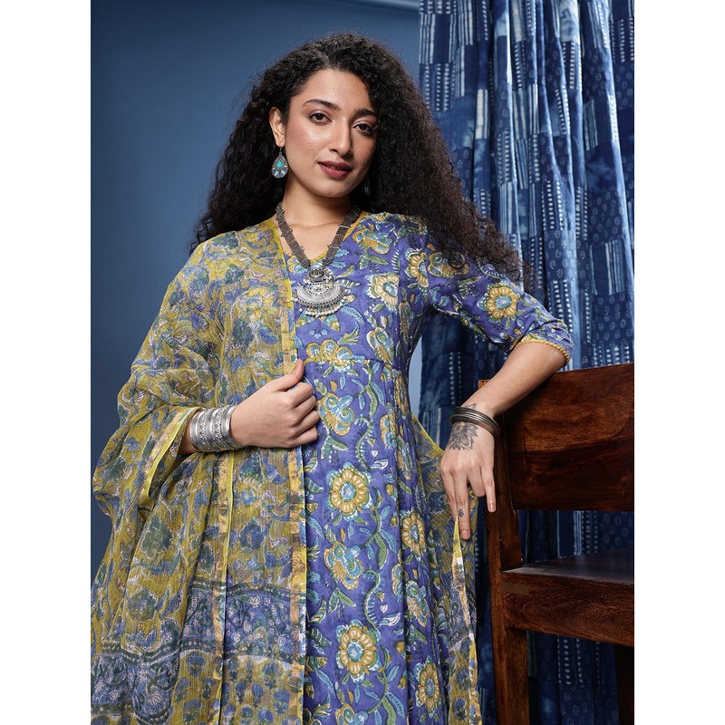 Taavi Sanganeri Floral Printed Pure Cotton Kurta with Trousers & Dupatta