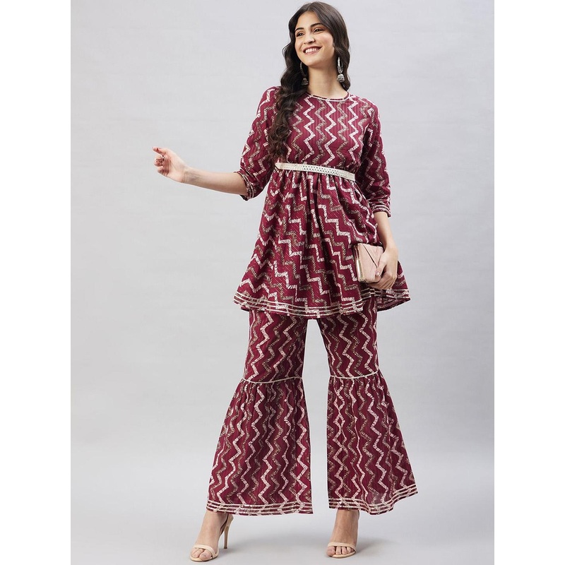WineRed Chevron Printed Regular Mirror Work Pure Cotton A-Line Kurta With Sharara