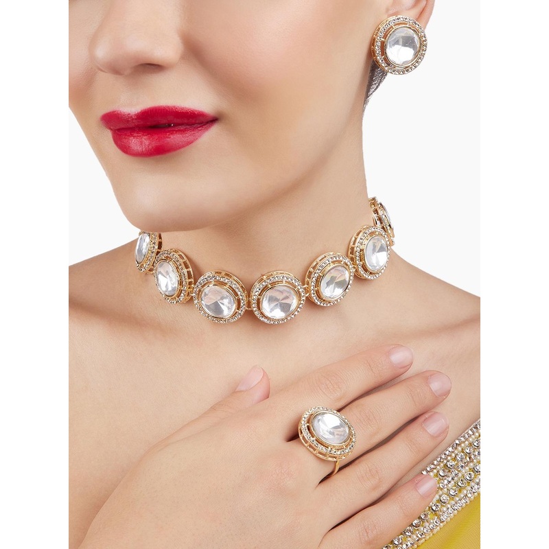 Zaveri Pearls Gold-Plated Stones Studded Choker Necklace With Earrings & Finger Ring