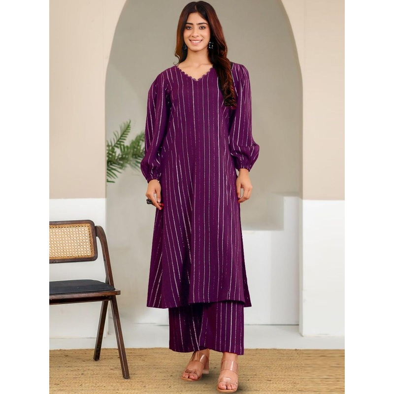 AADVIKA Striped Puffed Sleeves Straight Kurta With Palazzos
