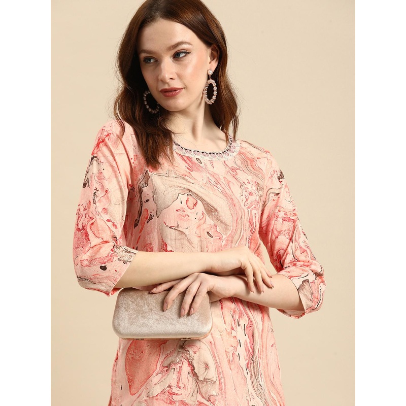 all about you Women Peach-Coloured & Red Printed Pure Cotton Kurta