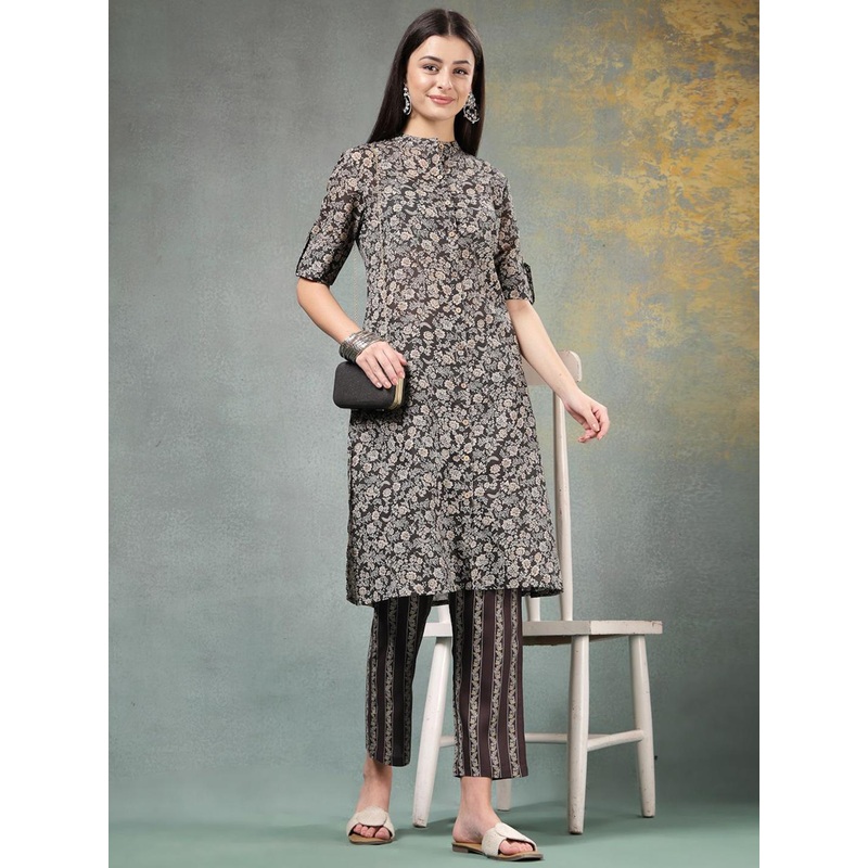 Anouk Rustic Floral Printed Mandarin Collar Pure Cotton Straight Kurta With Trousers
