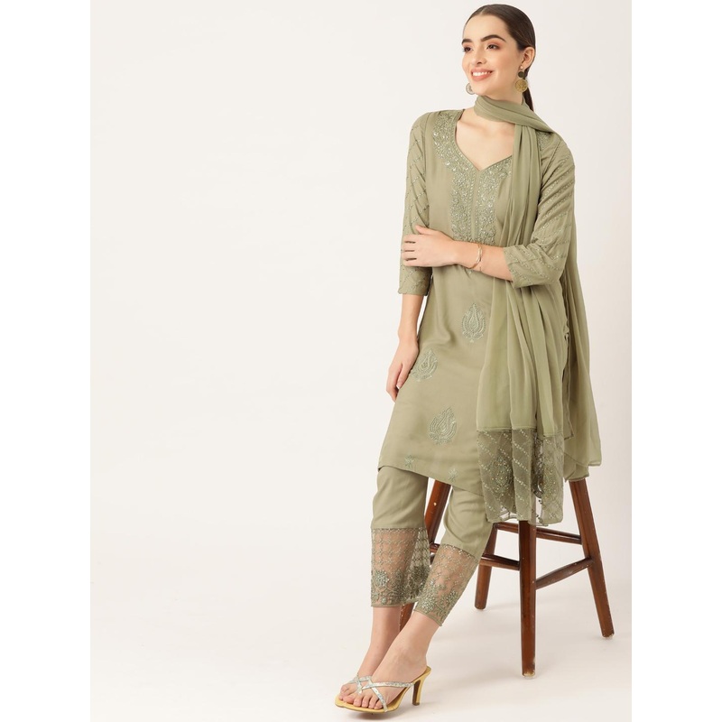 Anouk Women Olive Green Ethnic Motifs Yoke Design Kurta with Palazzos & With Dupatta