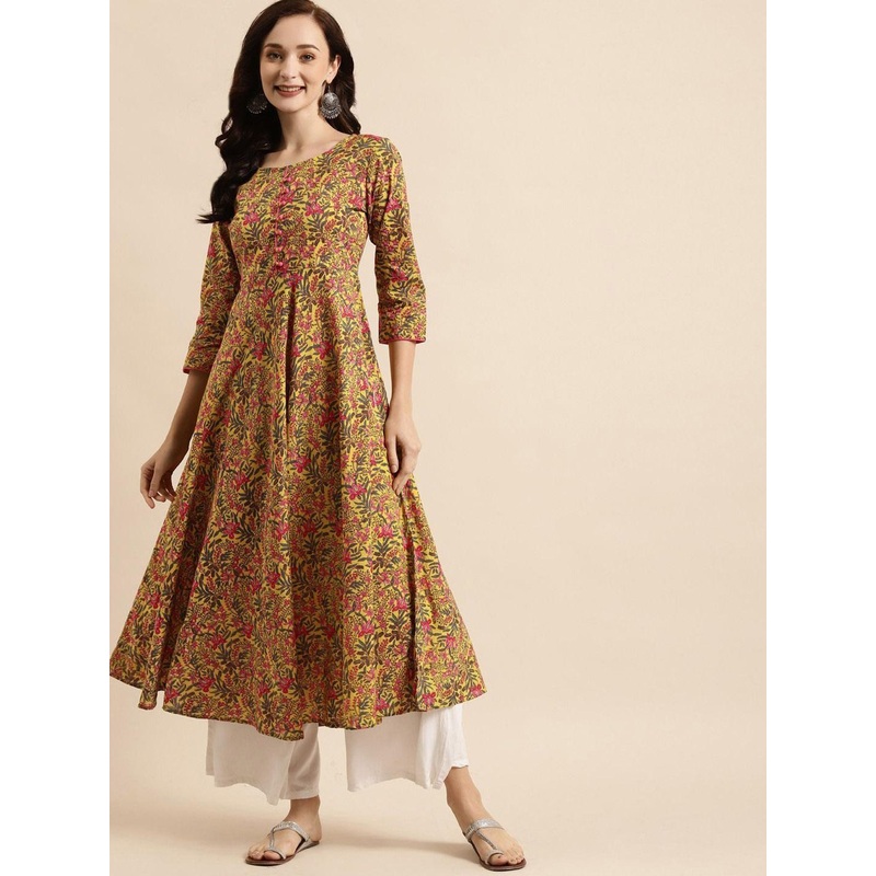 Anouk Yellow Floral Printed Cotton Anarkali Kurta