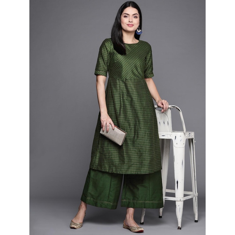 Biba Women Green & Golden Tila Dozi Checked Straight Kurta with Palazzos