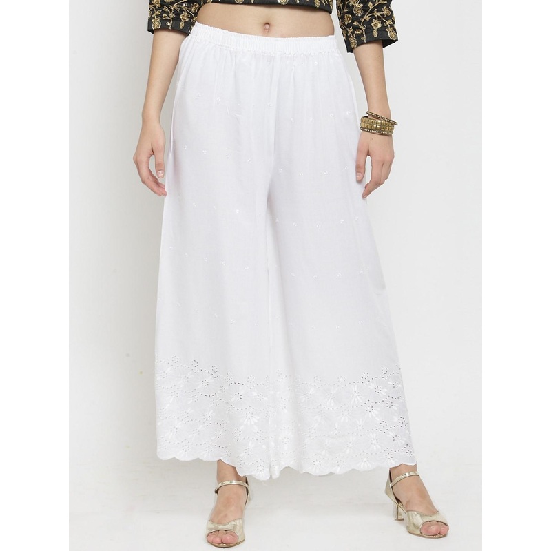 Clora Creation Women White Embroidered Flared Palazzos