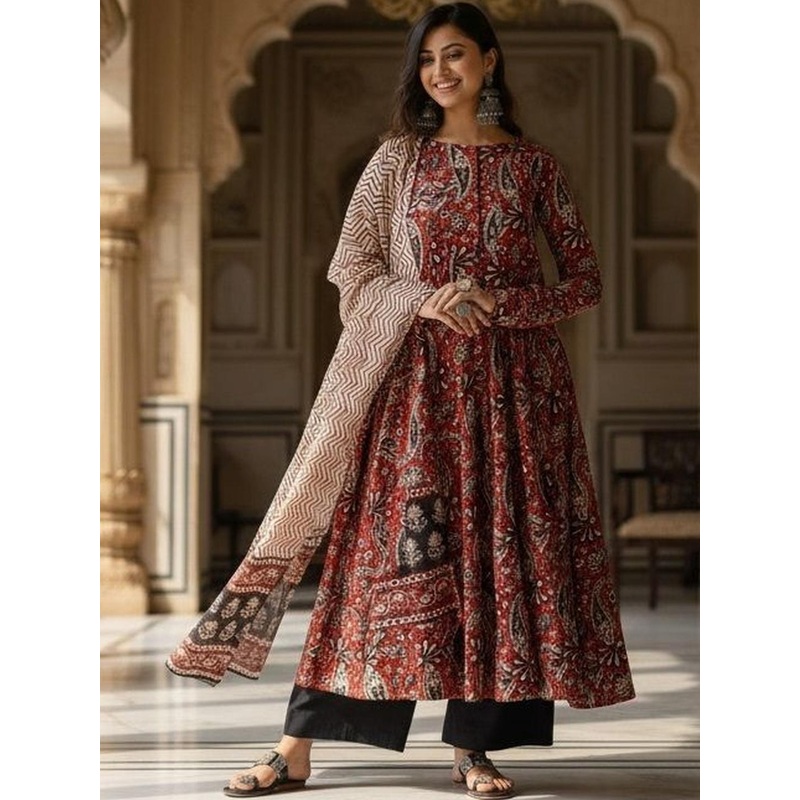 DIVASTRI Floral Printed Long Sleeves Anarkali Kurta With Trousers & Dupatta