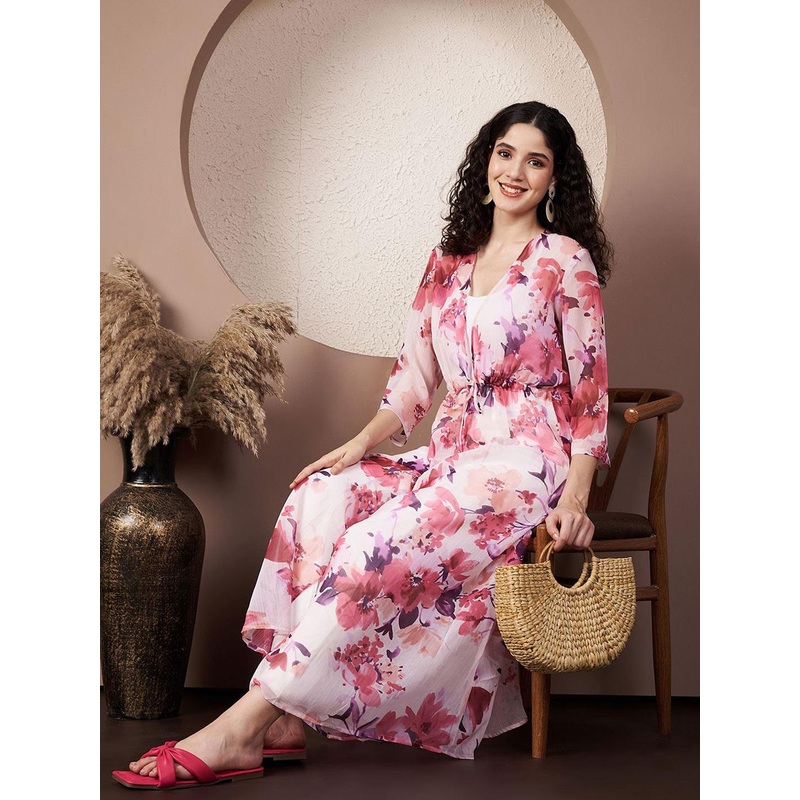 Fbella Women Printed Longline Tie-Up Shrug