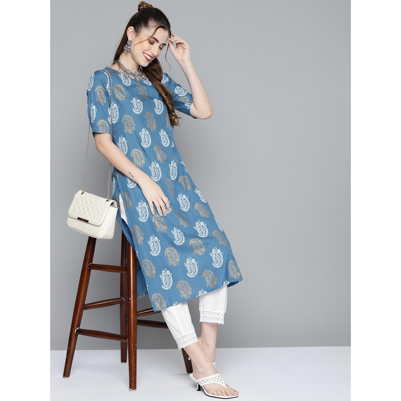 HERE&NOW Women Blue & Golden Paisley Printed Straight Kurta
