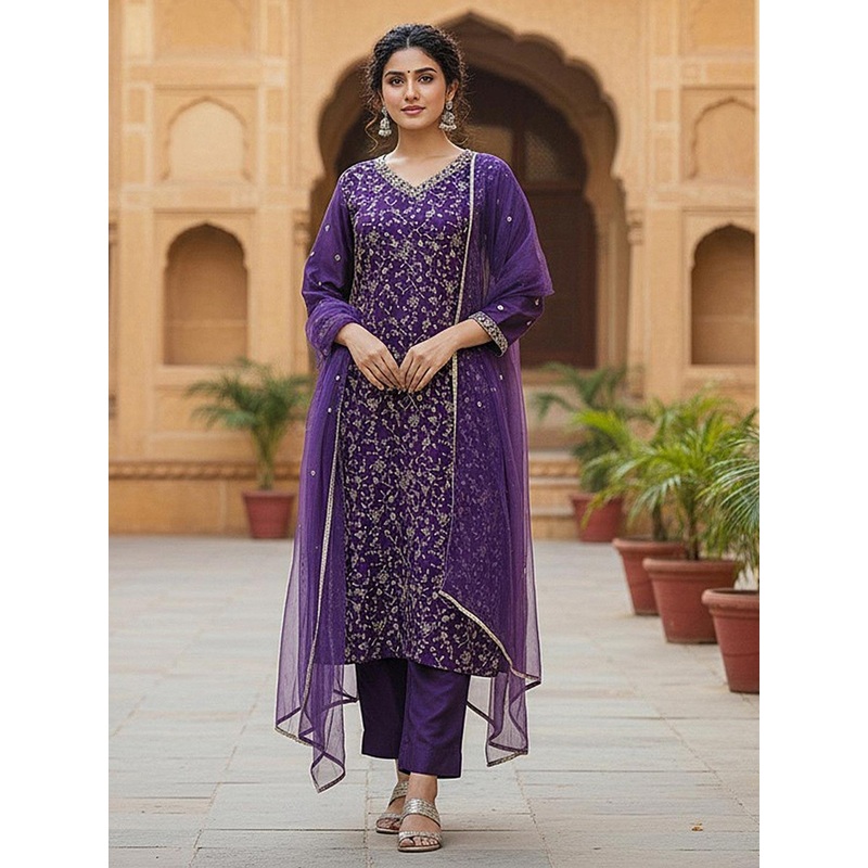House of Pataudi Floral Embroidered Sequinned V Neck Kurta With Trouser & Dupatta