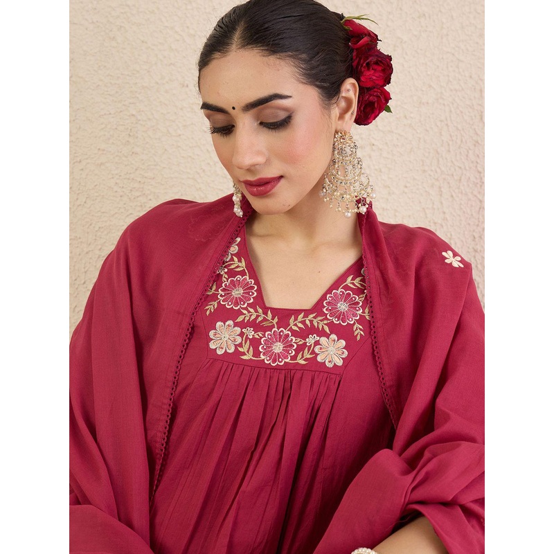 Indo Era Women Regular Sequinned Pure Cotton Kurta with Trousers & Dupatta