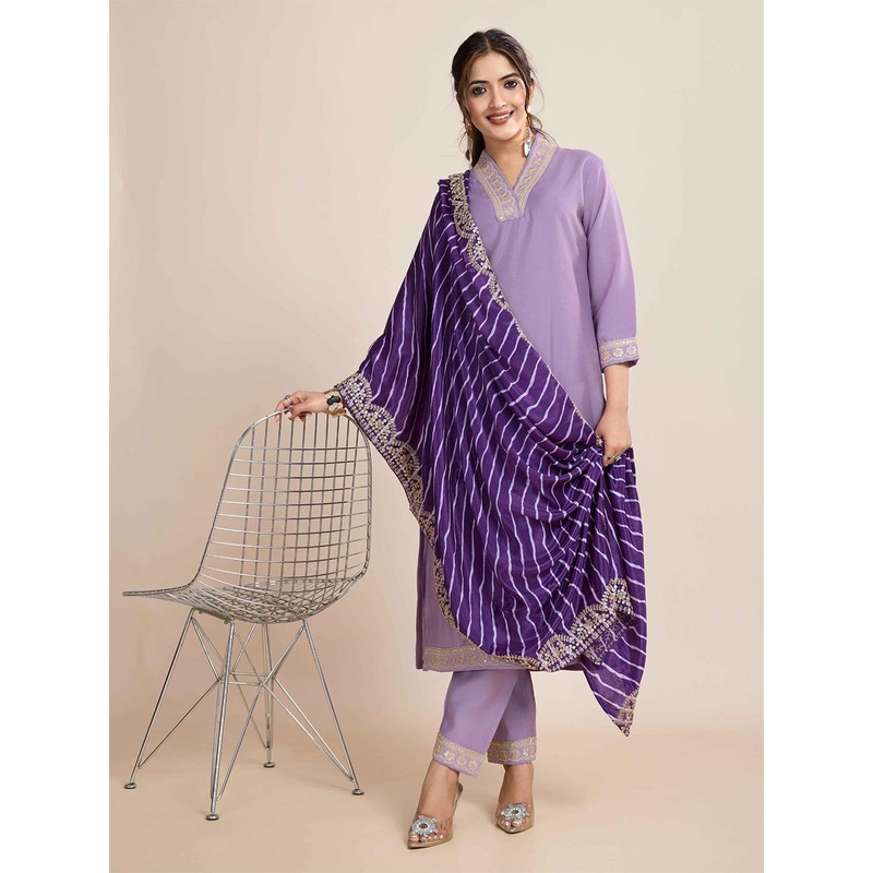 Navlik Women Floral Embroidered V Neck Sequinned Kurta with Trousers & Dupatta