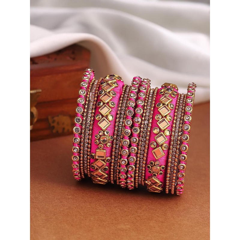 Peora Women Set of 16 Gold-Plated Magenta Ethnic Handmade Silk Thread Stone Studded