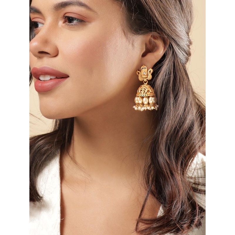 Rubans 22K Gold-Plated Dome Shaped White Pearl Beaded Jhumka Earrings