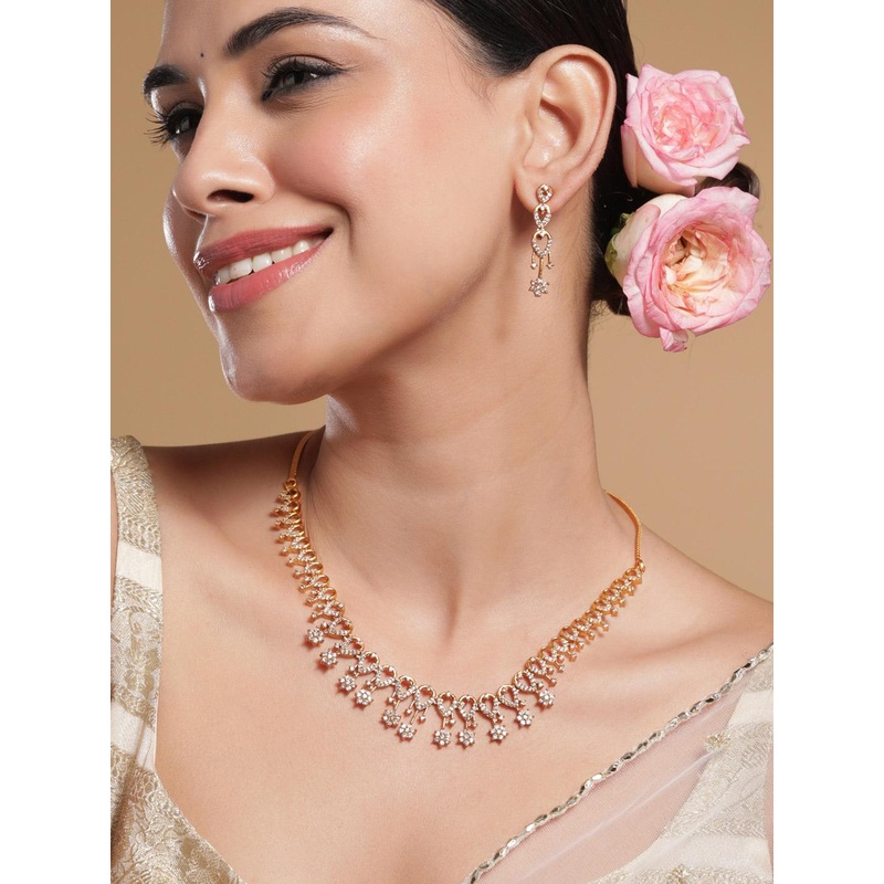 Rubans 22KT Gold-Plated Cubic Zirconia Studded Flower Motif Necklace Set