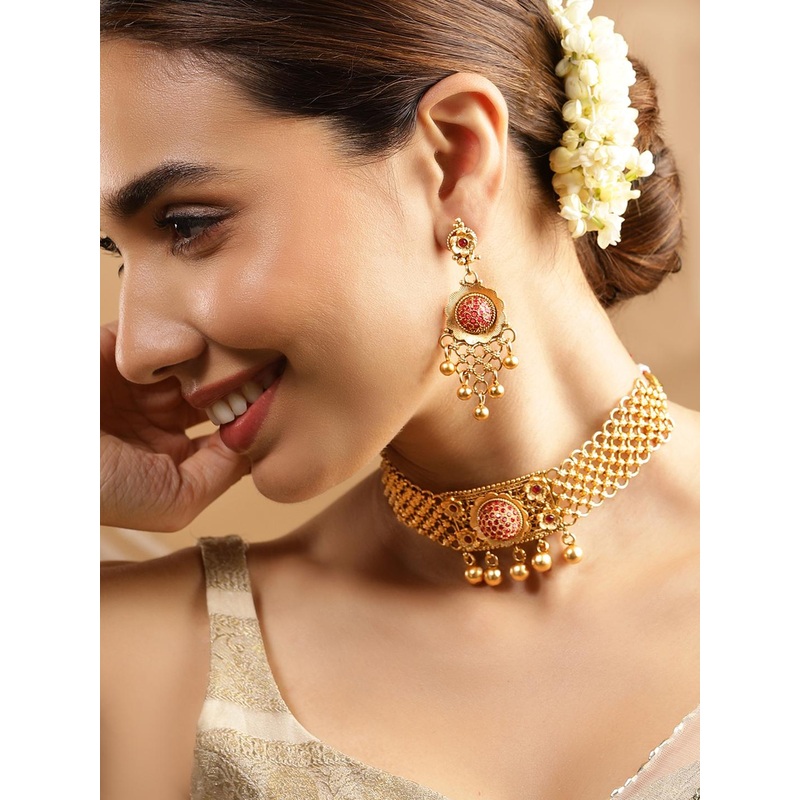 Rubans 24K Gold Plated Handcrafted Ruby Stone Studded & Gold Beaded Traditional Choker Set