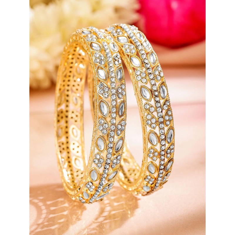 Rubans Set Of 2 18K Gold-Plated Kundan & AD Studded Premium Bangles for Women