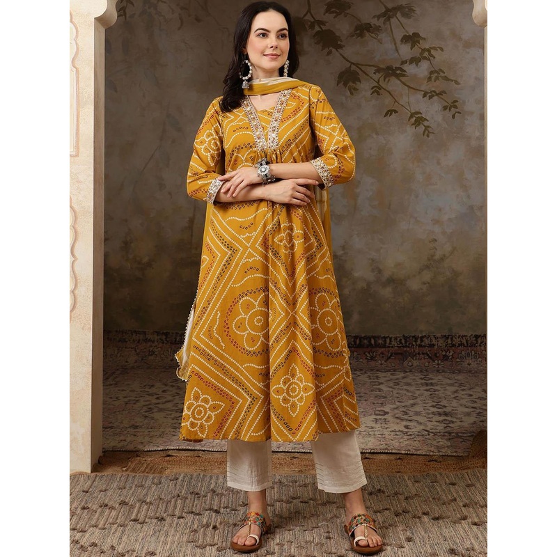 Sangria Yellow Bandhani Printed Pure Cotton Anarkali Kurta With Trousers & Dupatta