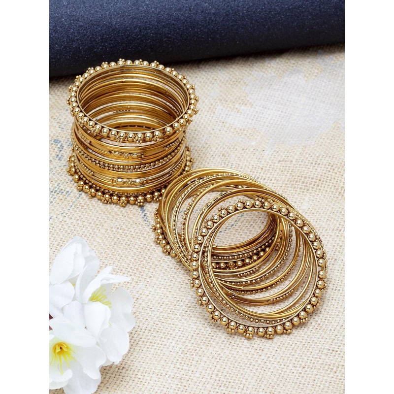 Shining Diva Set Of 40 Gold-Plated and White Crystal-Studded Antique Bangles