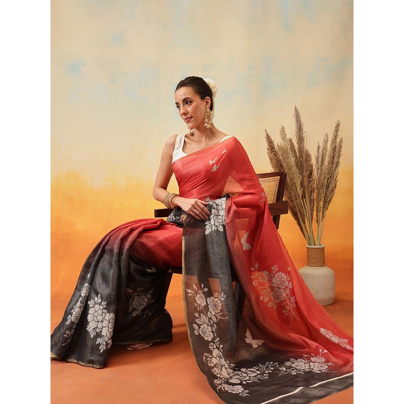 Silk Land Floral Zari Tissue Ready to Wear Block Print Saree
