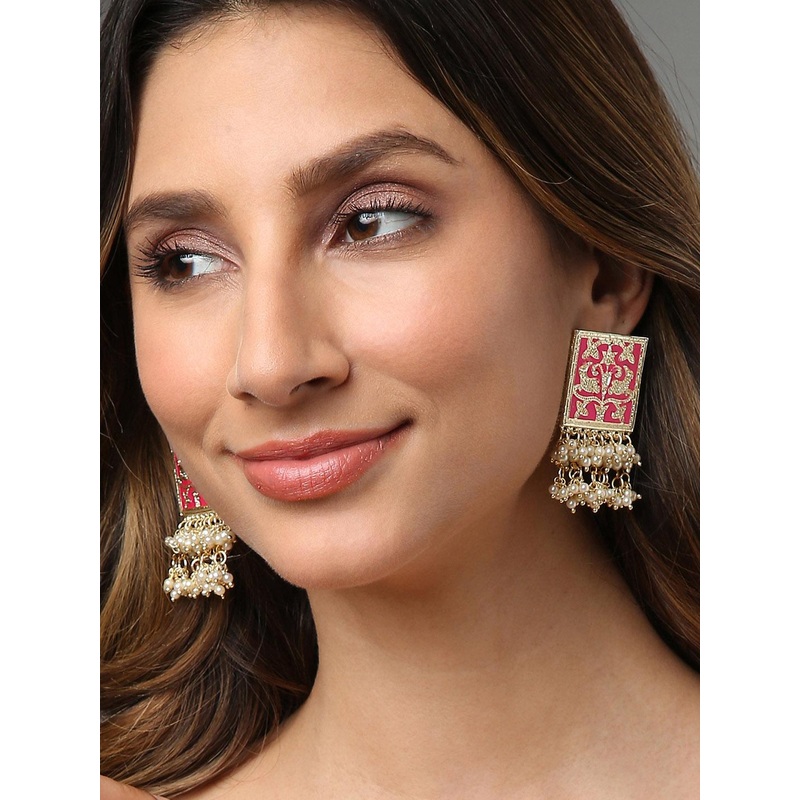SOHI Pink & White Gold-Plated Contemporary Drop Earrings