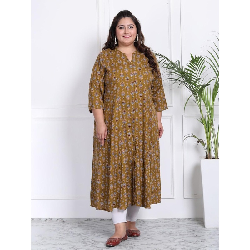 Swasti Plus Size Floral Printed Mandarin Collar Anarkali Kurta