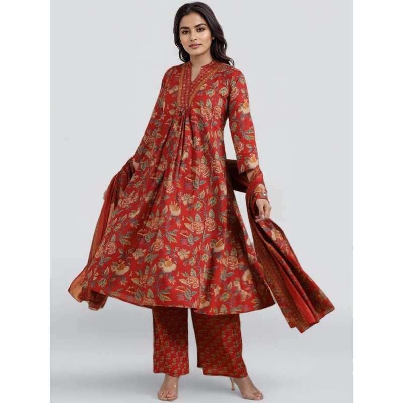 SZN Women Floral Printed Tiered Mirror Work Pure Cotton Kurta with Palazzos & With Dupatta