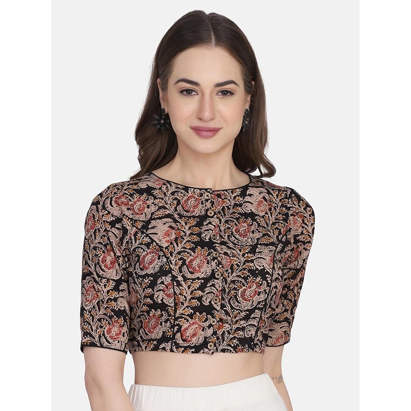 THE WEAVE TRAVELLER Black & Beige Kalamkari Block Printed Cotton Saree Blouse