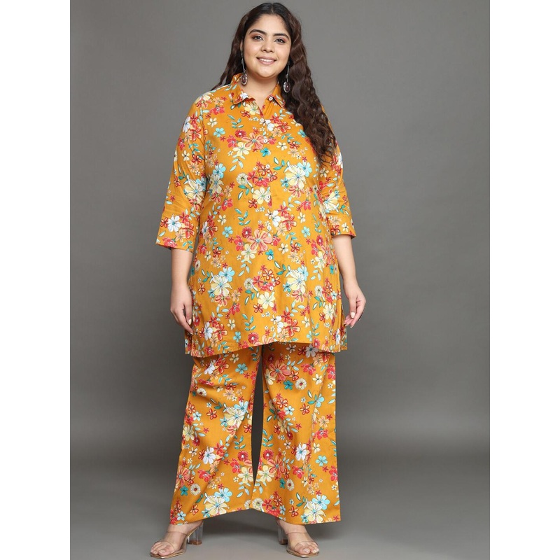 Tissu Plus Size Floral Printed Shirt Collar Ethnic Pure Cotton Top with Palazzos