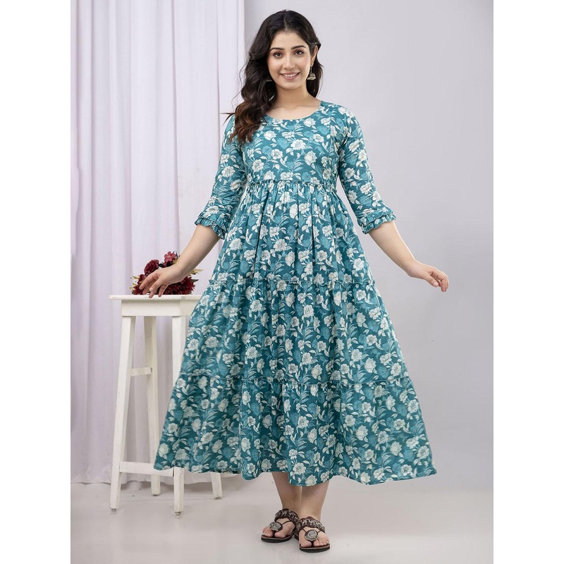 VARICOS Women Floral Printed Pure Cotton Maternity Fit and Flare Midi Dresses