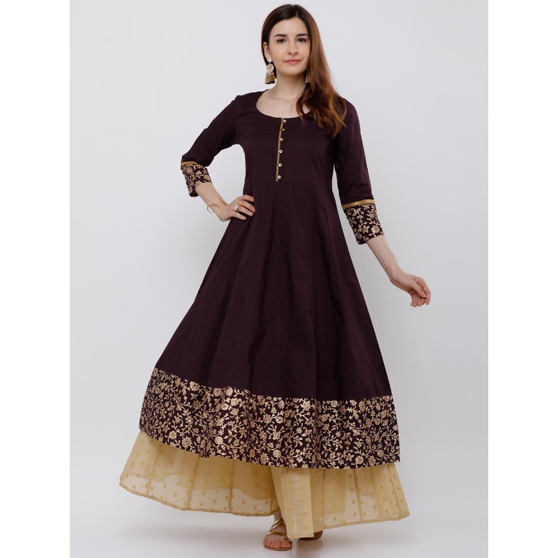 Vishudh Women Burgundy & Gold-Toned Woven Design Anarkali Kurta