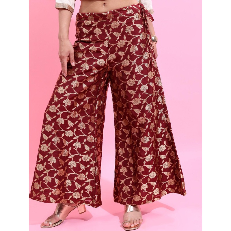 Vishudh Women Maroon & Gold-Toned Ethnic Motifs Flared Ethnic Palazzos