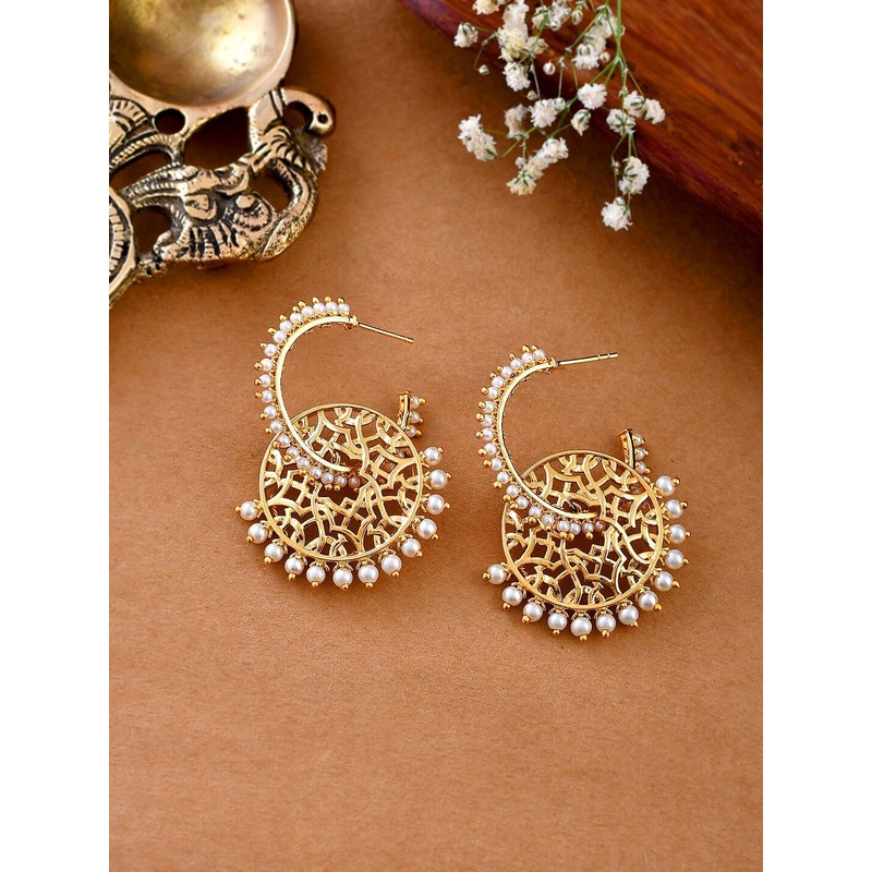 Voylla Nazakat Naaz Gold-Plated Pearl Studded Contemporary Statement Drop Earrings